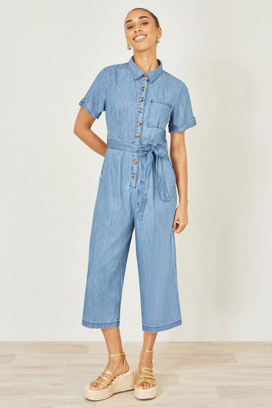Yumi Blue Chambray Light Denim Button Jumpsuit JUMPSUIT Yumi
