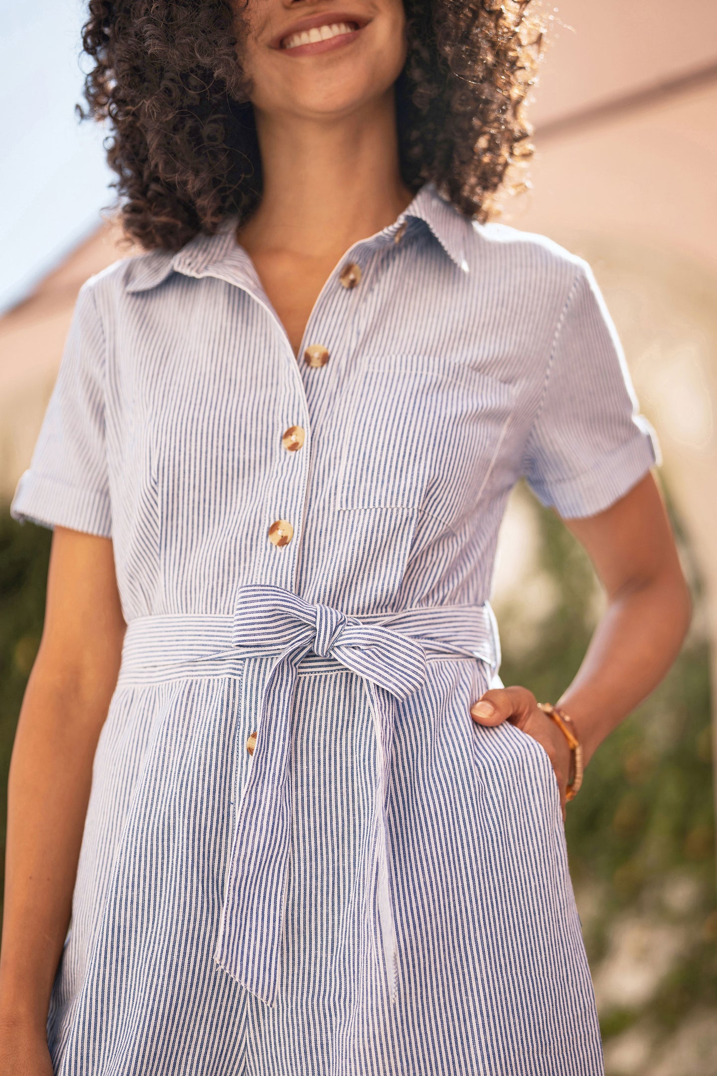 Yumi Blue Pinstripe Cotton Jumpsuit JUMPSUIT Yumi
