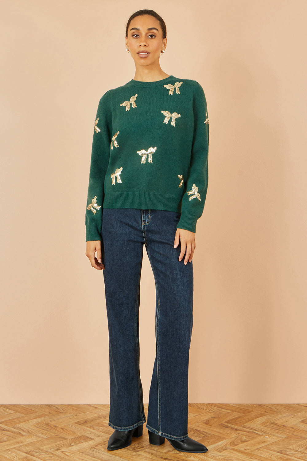 Yumi Green Sequin All Over Applique Bow Knitted Jumper Knit Xmas Jumper Yumi