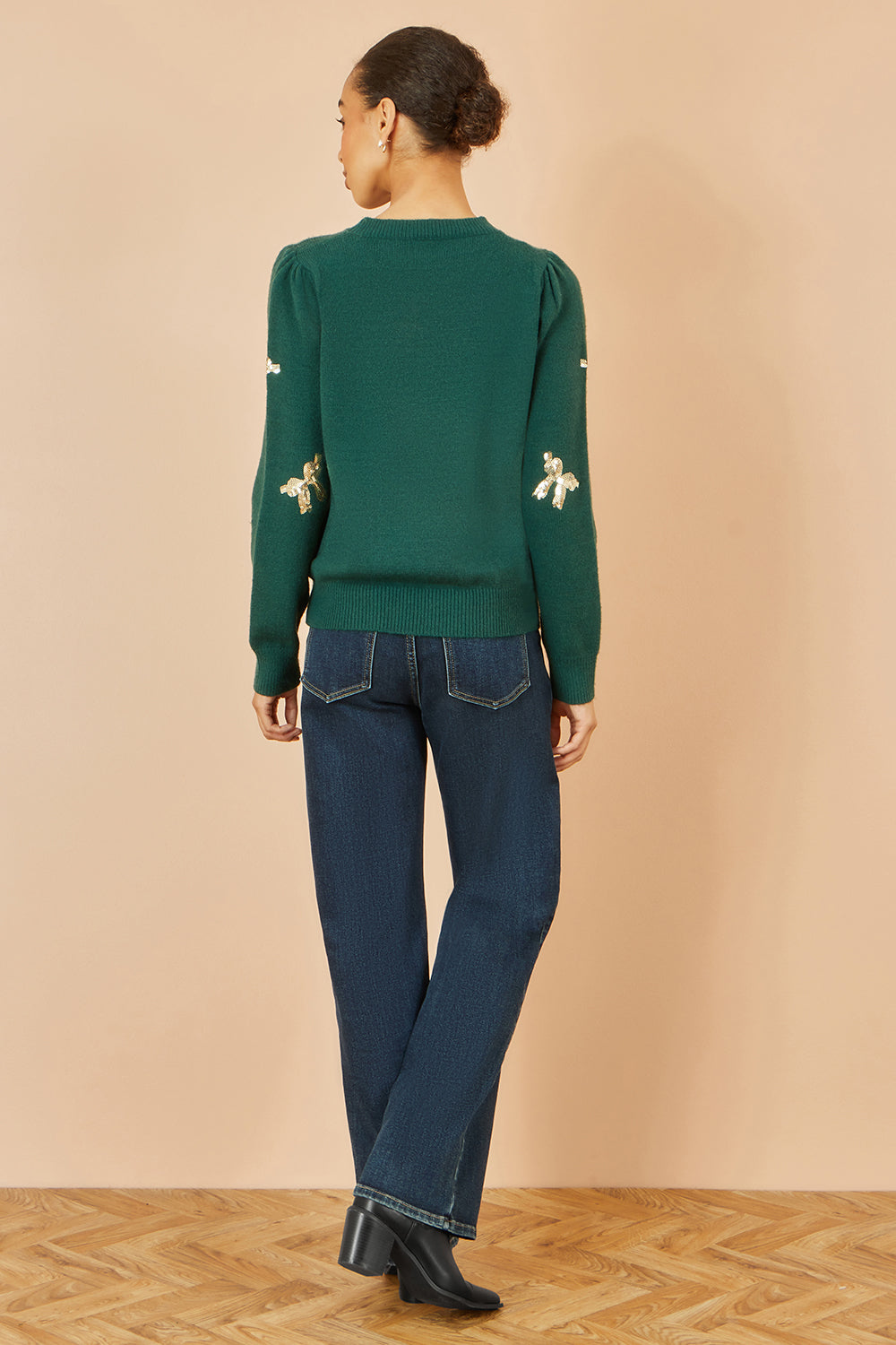 Yumi Green Sequin All Over Applique Bow Knitted Jumper Knit Xmas Jumper Yumi