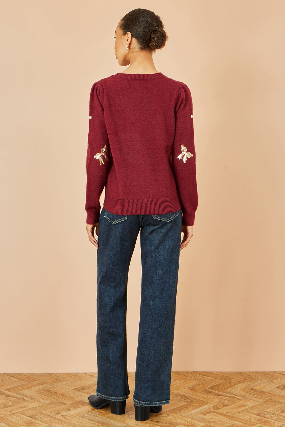 Yumi Burgundy Sequin All Over Applique Bow Knitted Jumper Knit Xmas Jumper Yumi