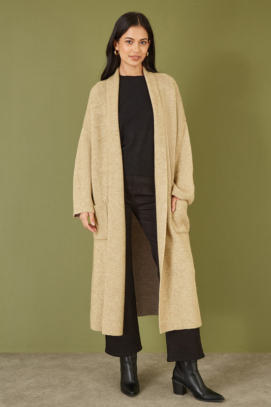 Yumi Oatmeal Knitted Maxi Cardigan With Pockets Yumi