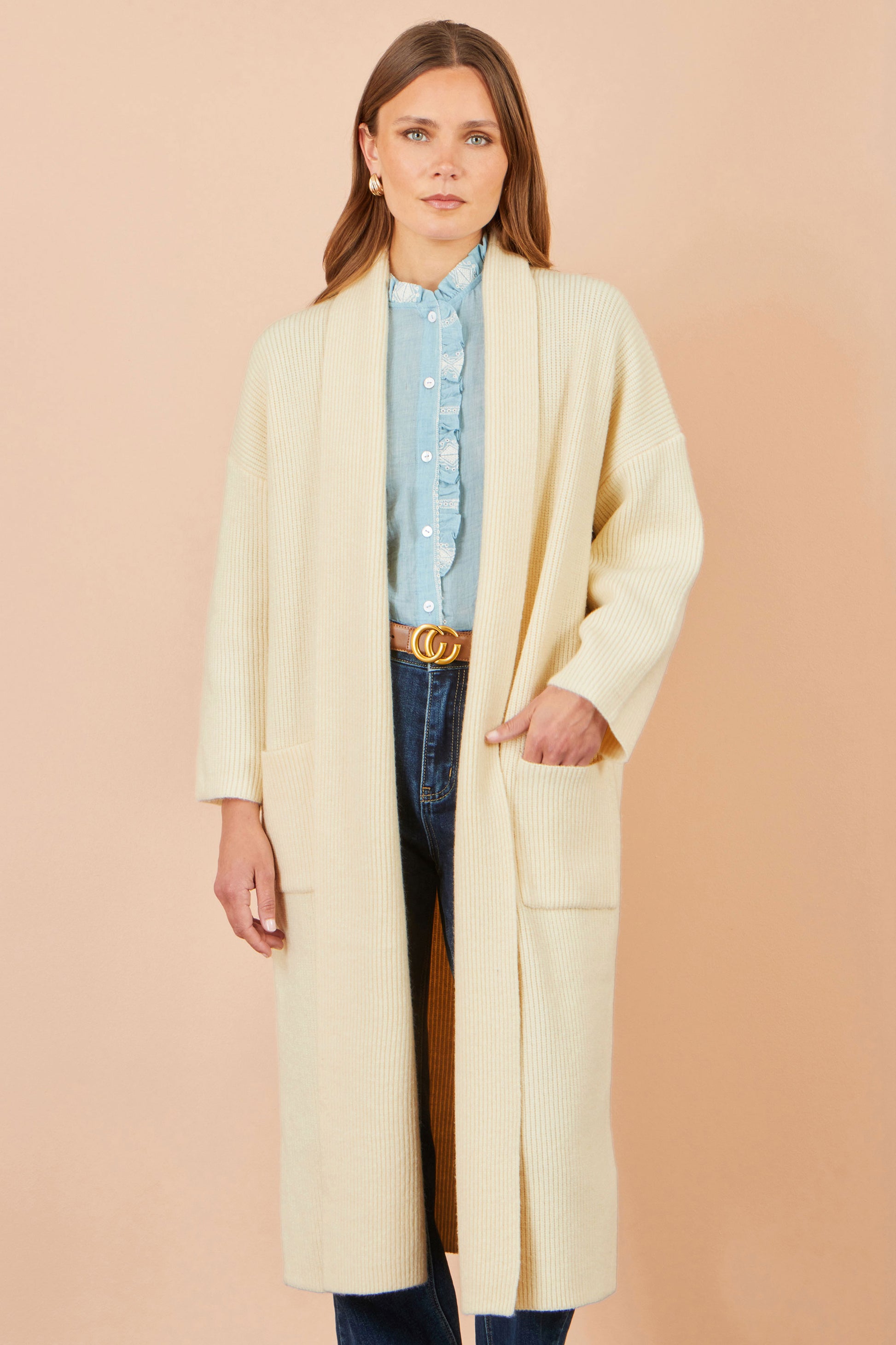 Yumi Ivory Knitted Maxi Cardigan With Pockets Knit Cardigan Yumi