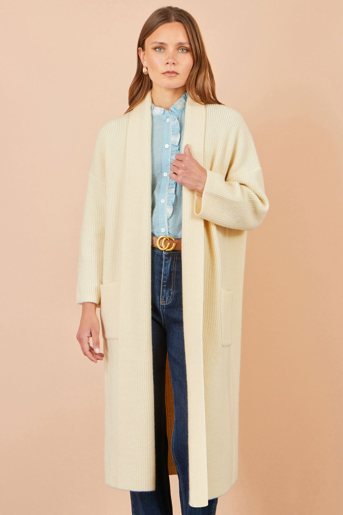 Yumi Ivory Knitted Maxi Cardigan With Pockets Knit Cardigan Yumi