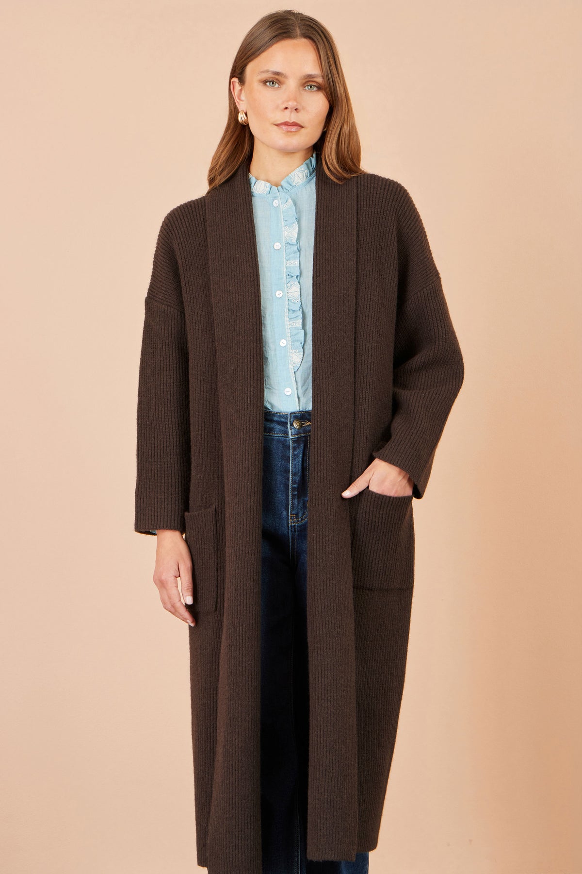 Yumi Brown Knitted Maxi Cardigan With Pockets Knit Cardigan Yumi