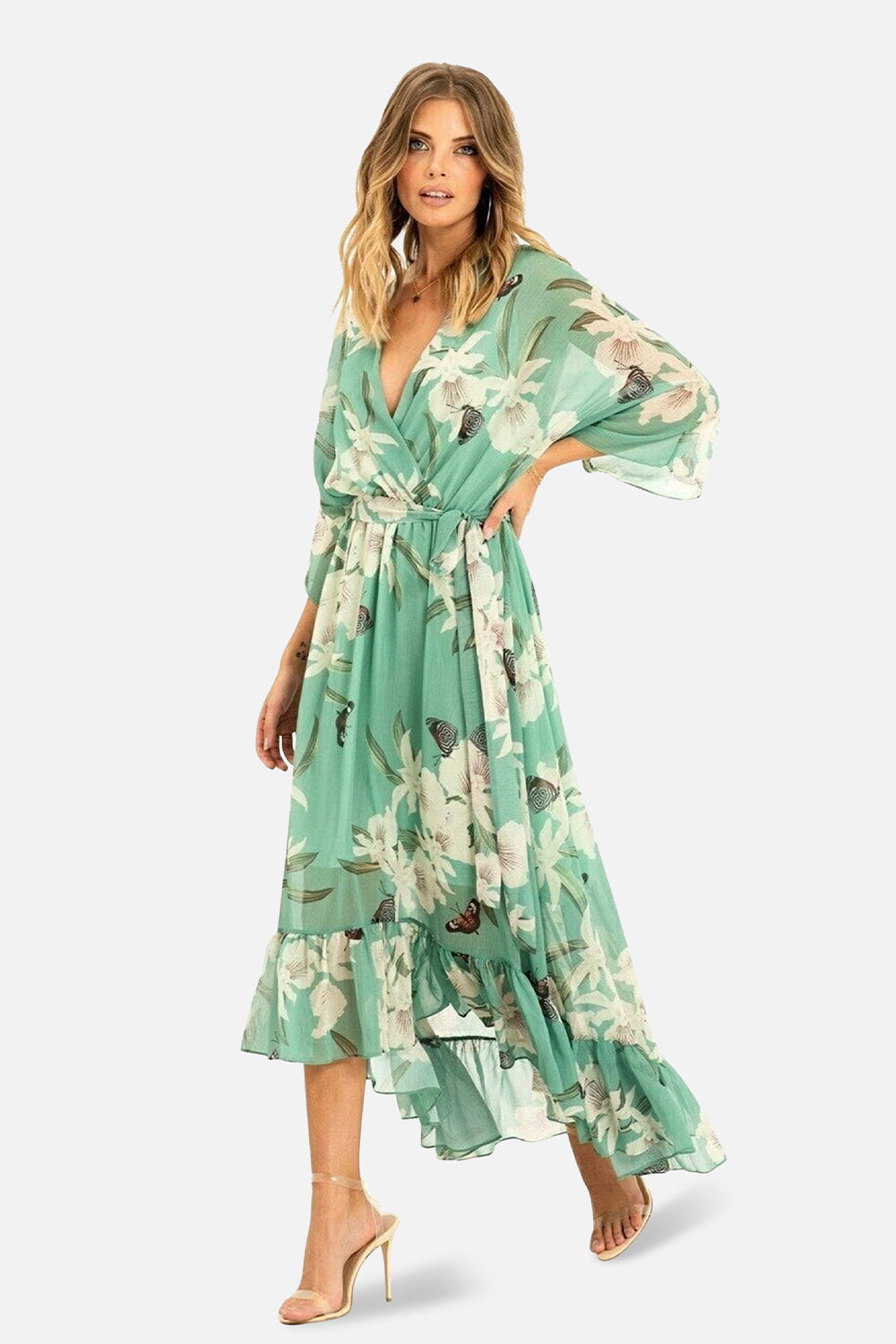 Mint Floral Kimono Sleeves Dip Hem Wrap Midi Dress Yumi