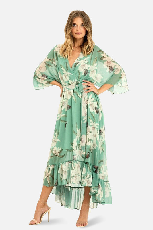 Mint Floral Kimono Sleeves Dip Hem Wrap Midi Dress Yumi