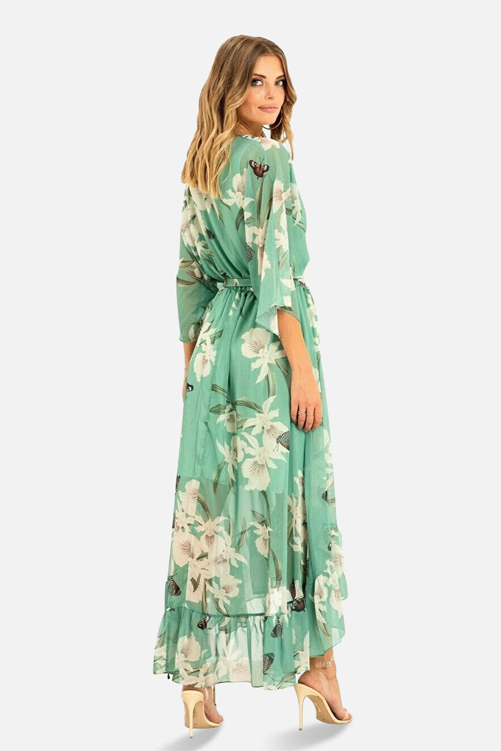 Mint Floral Kimono Sleeves Dip Hem Wrap Midi Dress Yumi