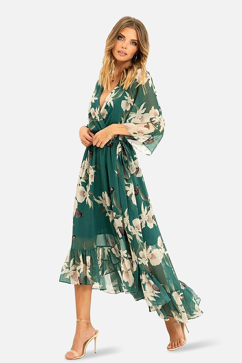 Green Floral Kimono Sleeves Dip Hem Wrap Midi Dress Dresses Yumi