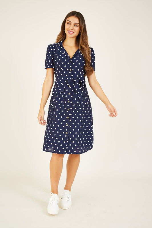 Navy Spot Retro Shirt Dress Yumi