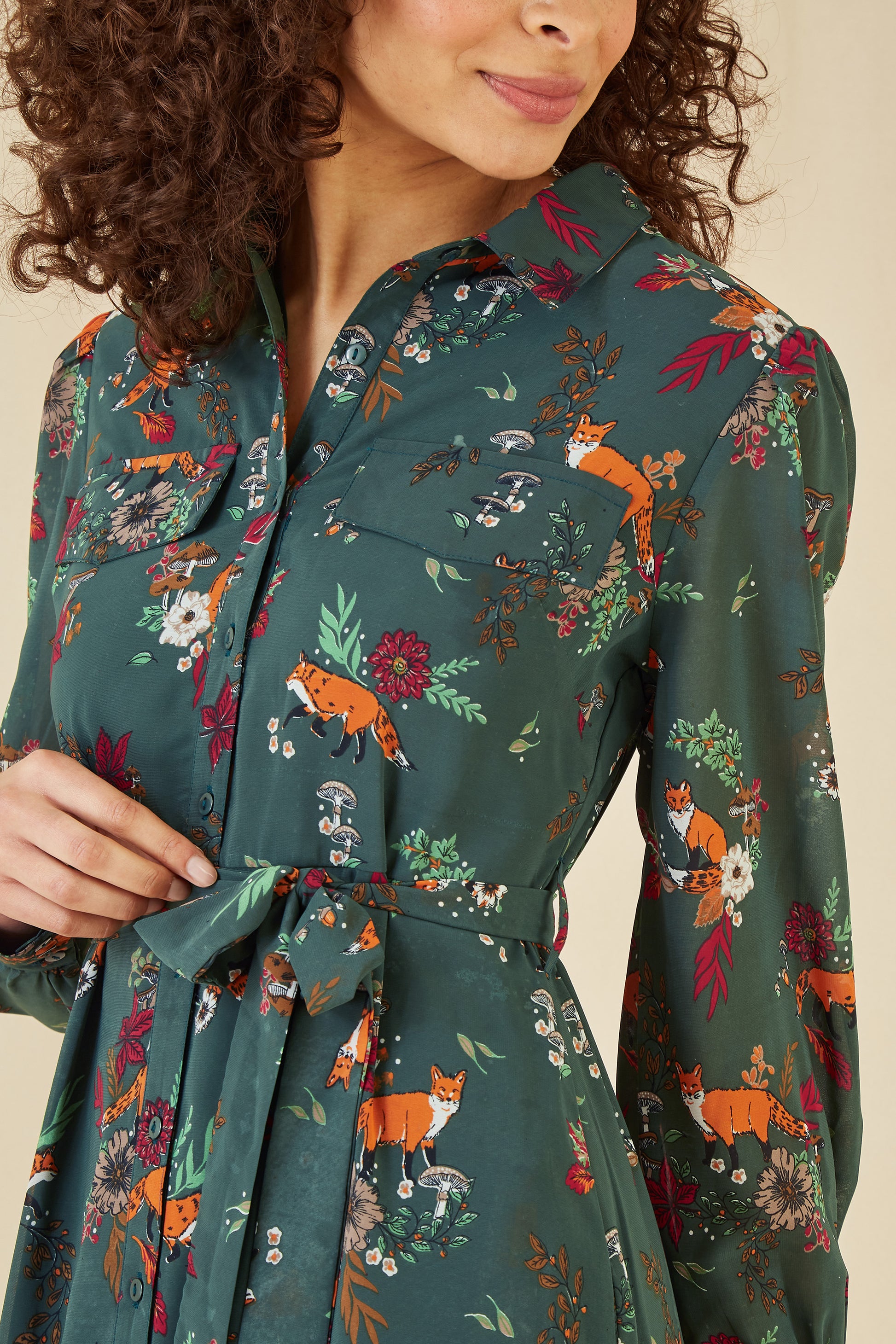 Yumi Recycled Green Fox Print Shirt Midi Dress Yumi