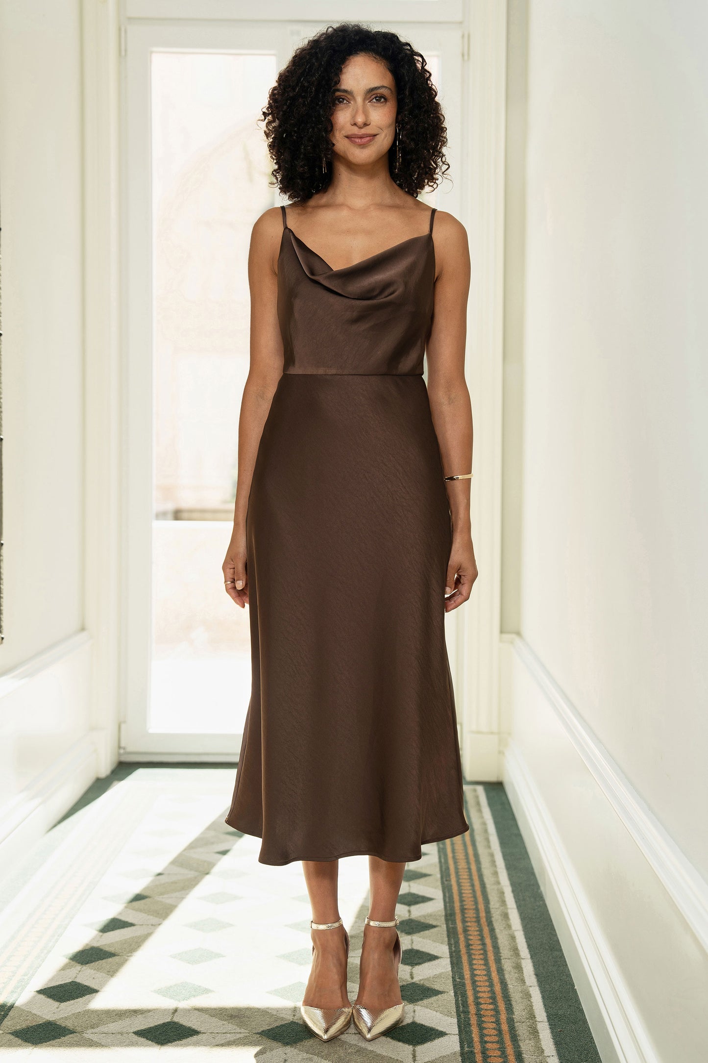 Yumi Brown Satin Cowl Neck Midi Slip Dress Dress Occasion Yumi