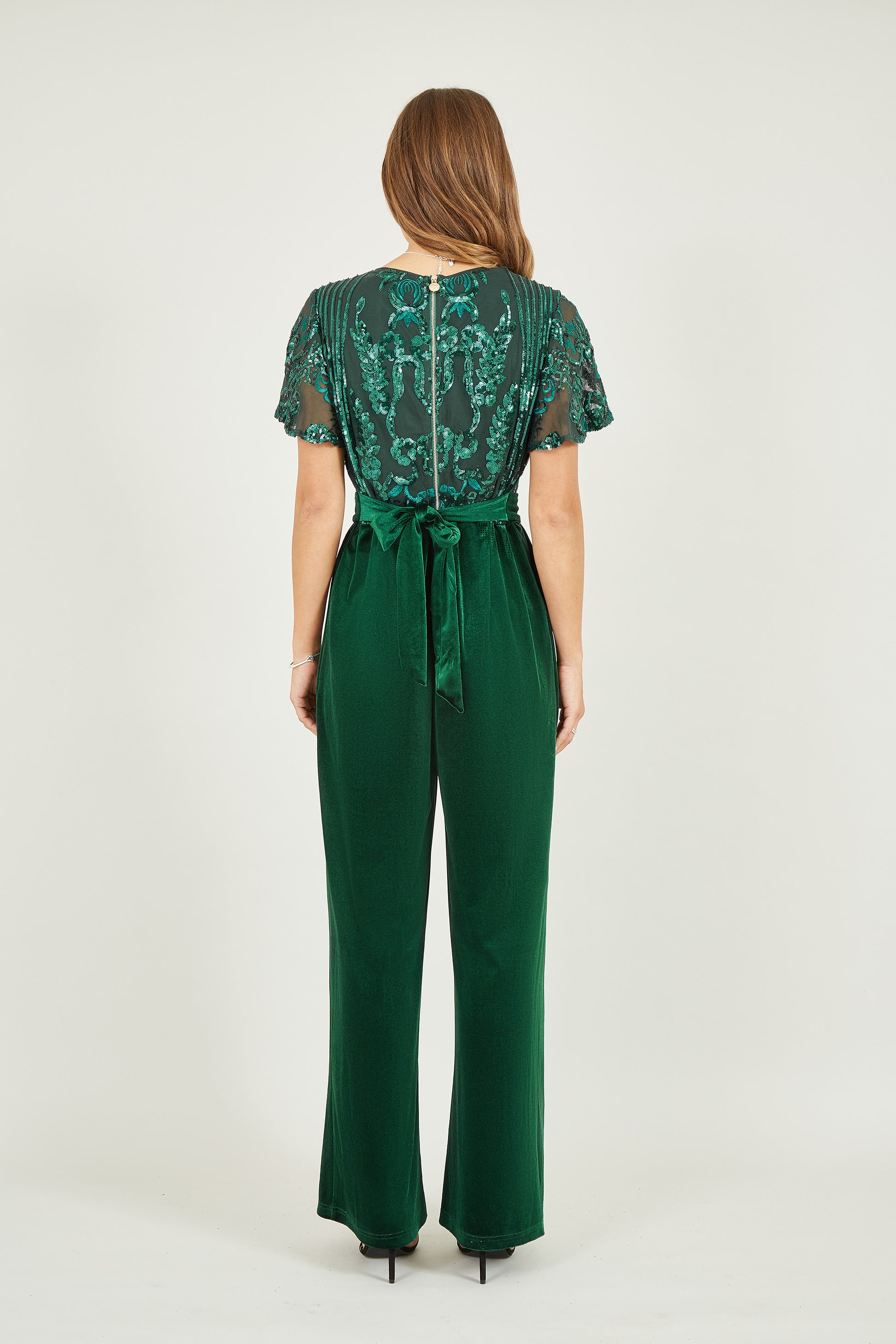 Yumi Green Sequin Embellished Velvet Jumpsuit With Angel Sleeves Yumi