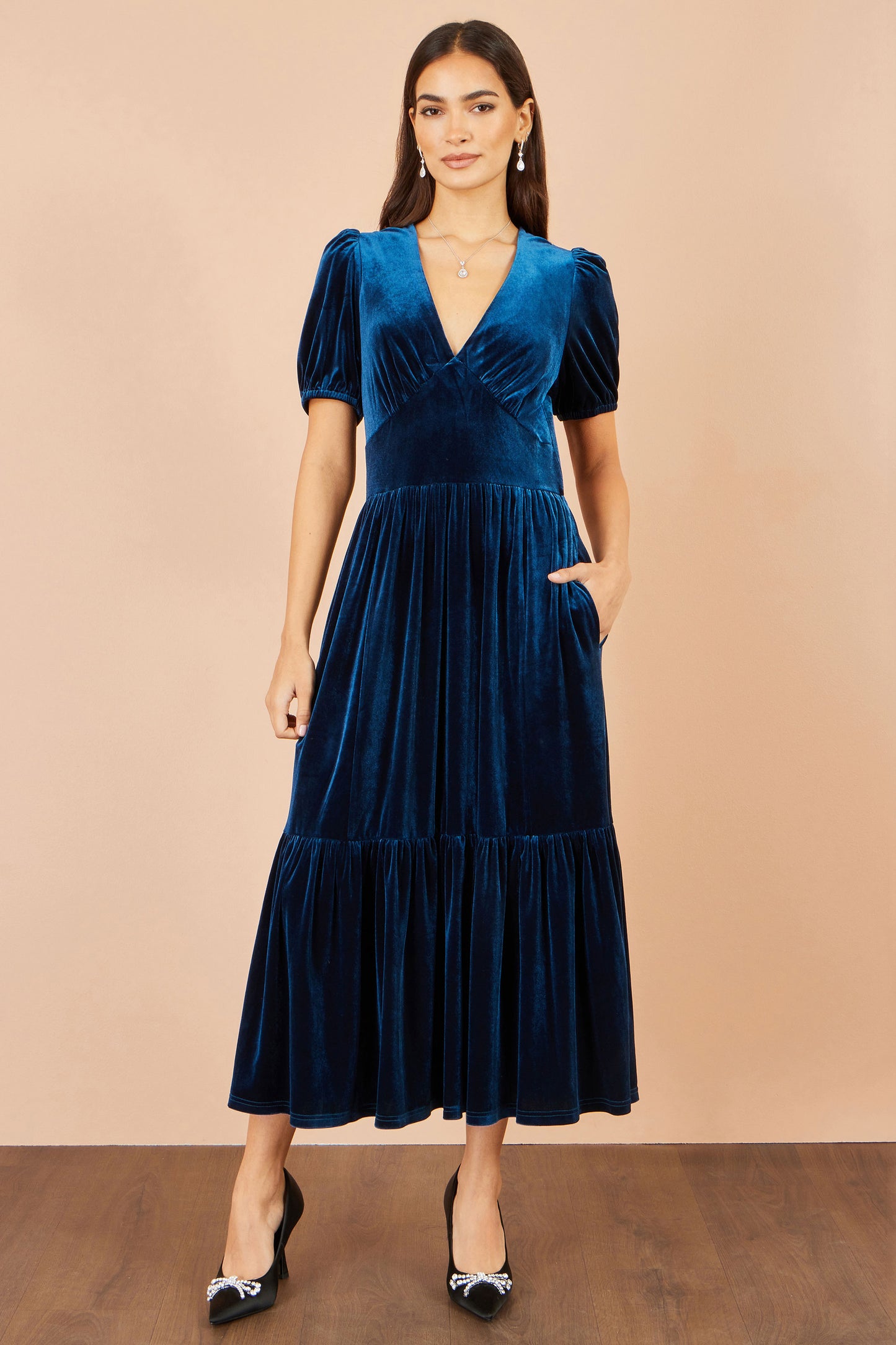Yumi Teal Velvet Midi Dress Dress Party Yumi