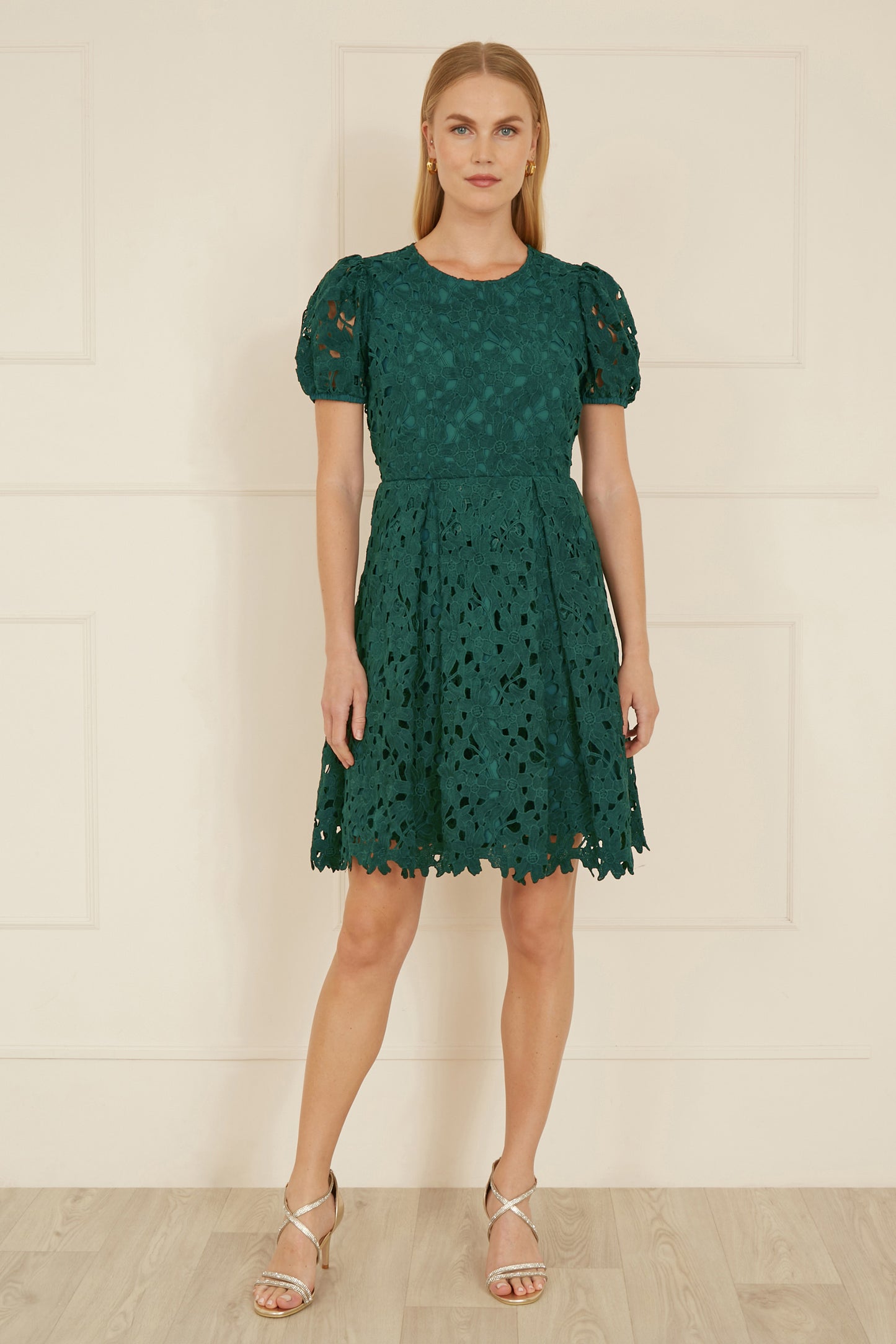 Yumi Green Lace Skater Dress With Puff Sleeves Yumi
