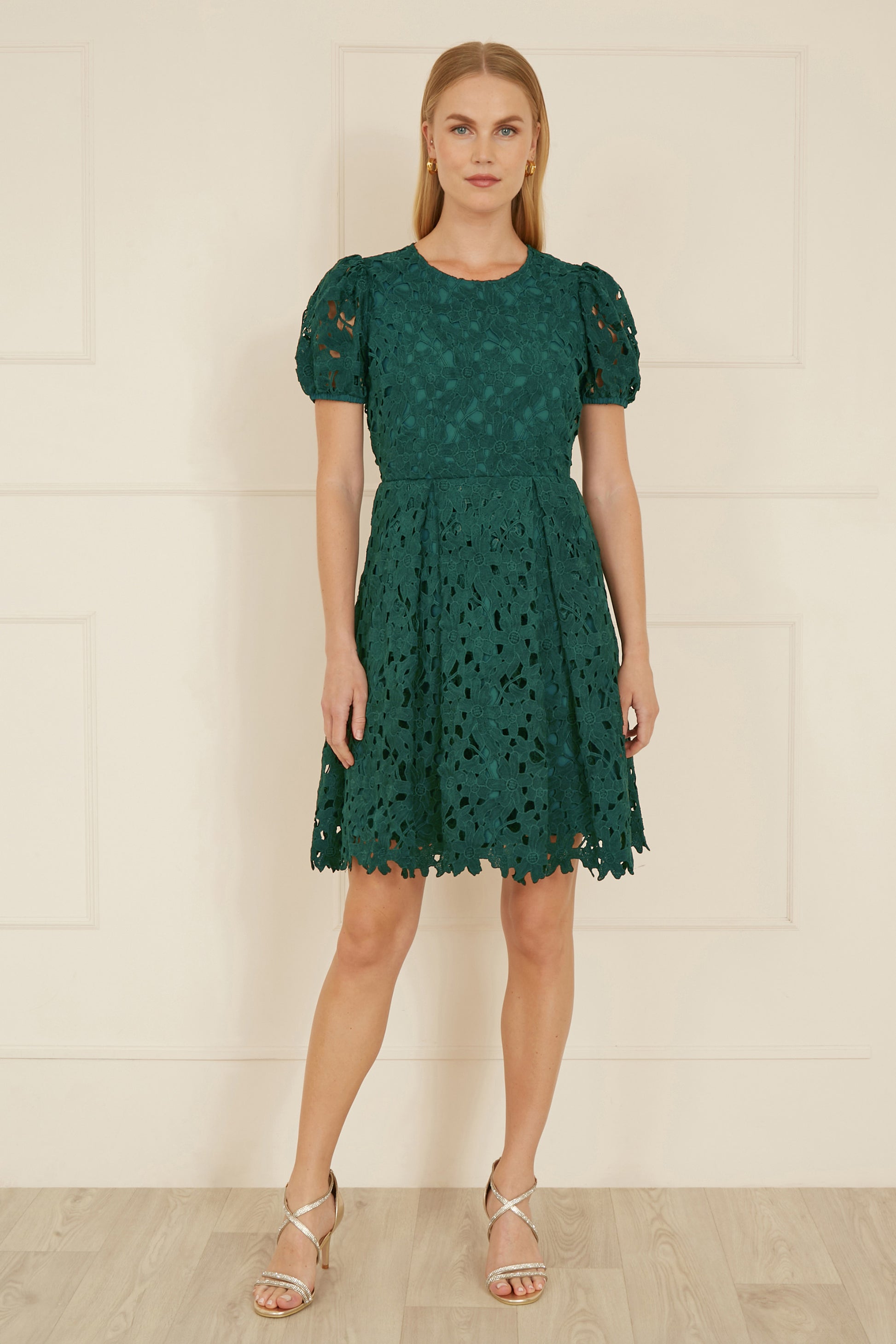 Yumi Green Lace Skater Dress With Puff Sleeves Yumi