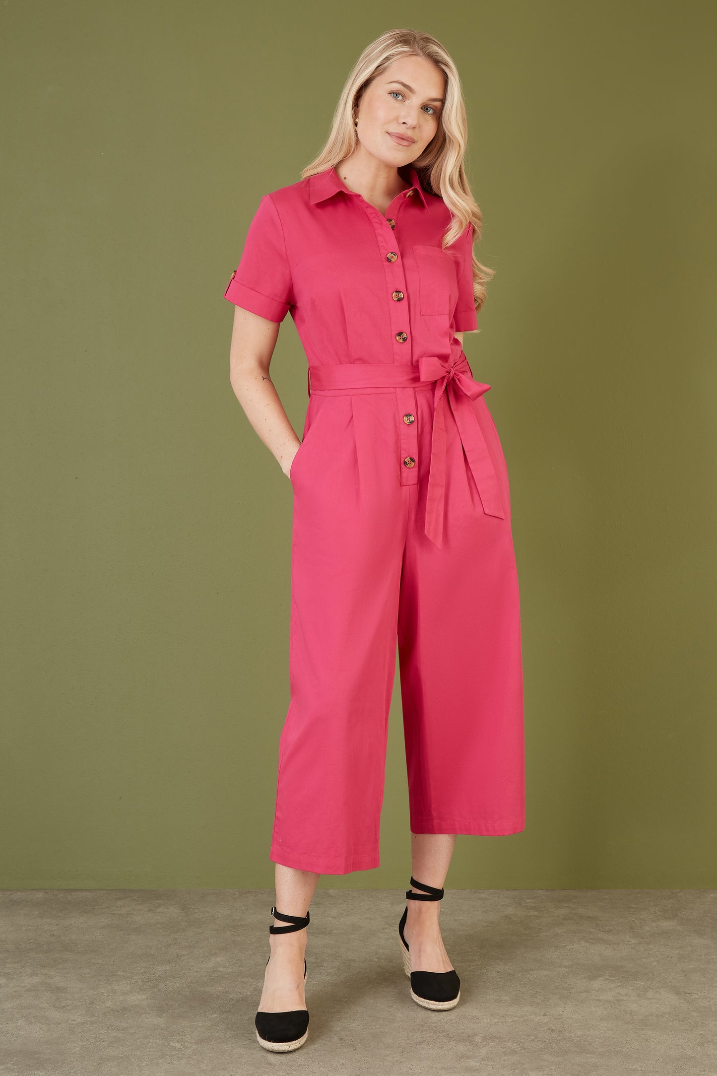 Yumi Pink Viscose Twill Button Up Utility Style Jumpsuit Yumi