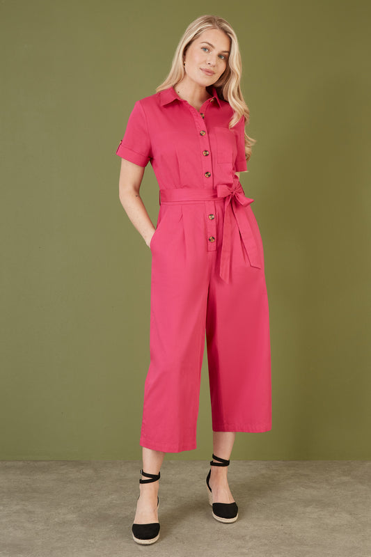 Yumi Pink Viscose Twill Button Up Utility Style Jumpsuit Yumi