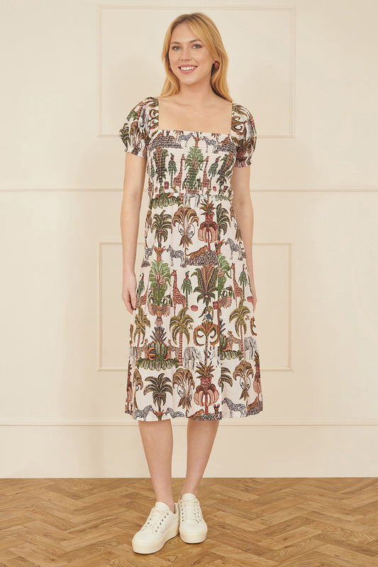 Yumi White Cotton Safari Print Ruched Midi Dress DRES Day Yumi