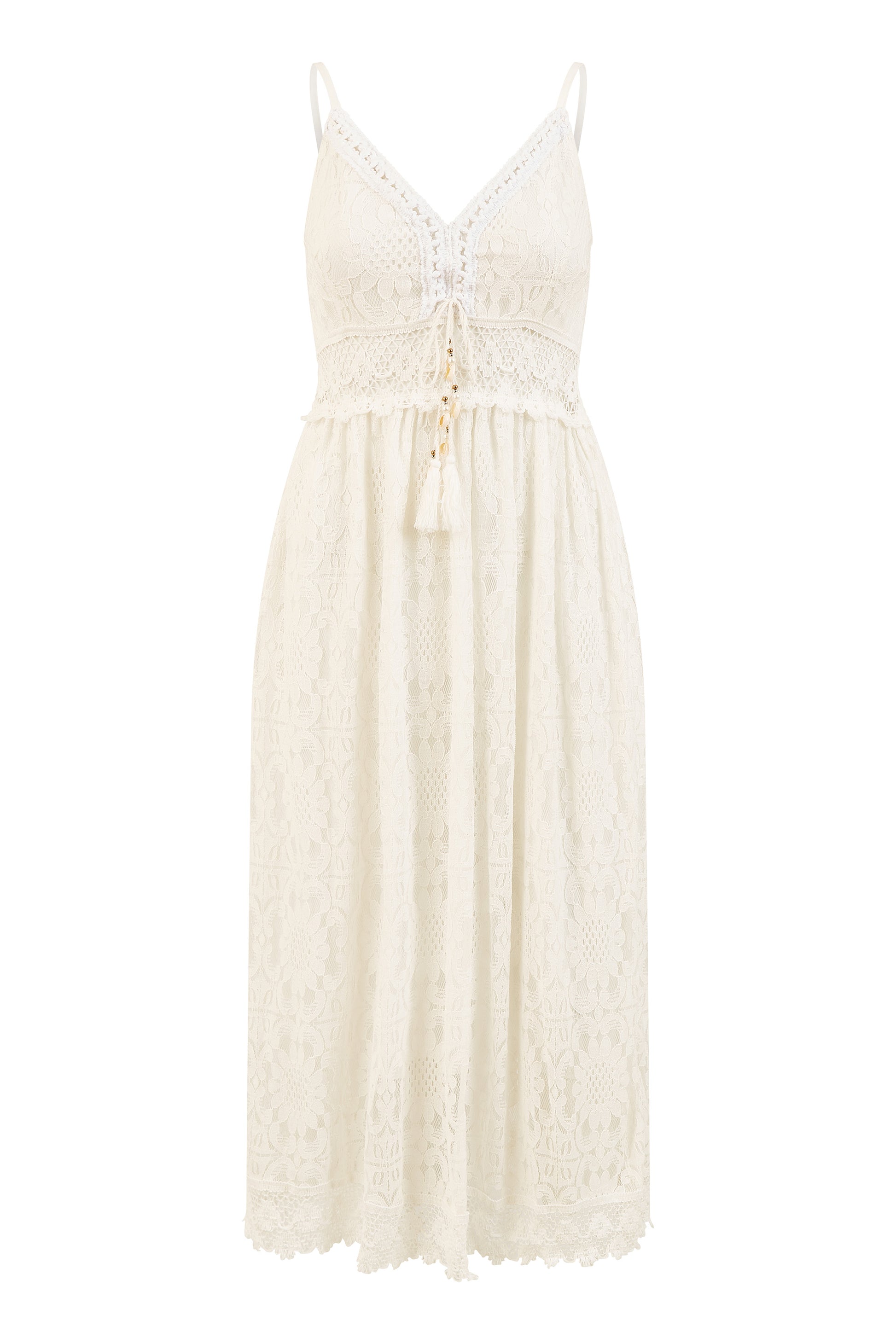 Yumi White Lace Midi Sundress With Tassel Tie and Ruched Back Yumi