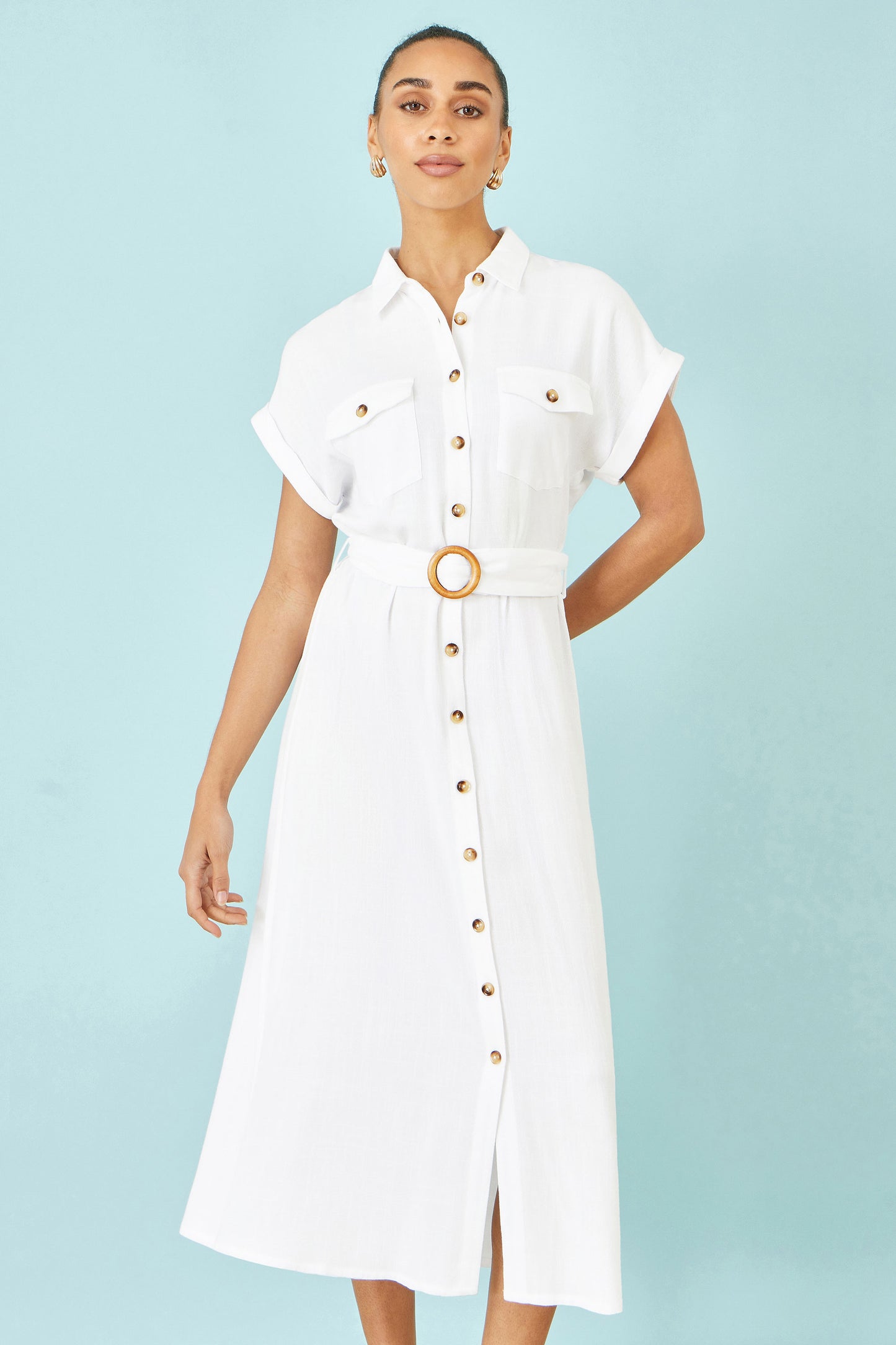 Yumi White Viscose Linen Look Midi Shirt Dress With Wooden Belt