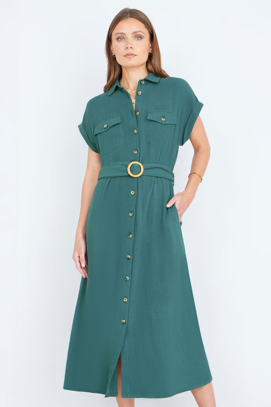 Yumi Green Viscose Linen Look Midi Shirt Dress With Wooden Belt Dress Casual Yumi