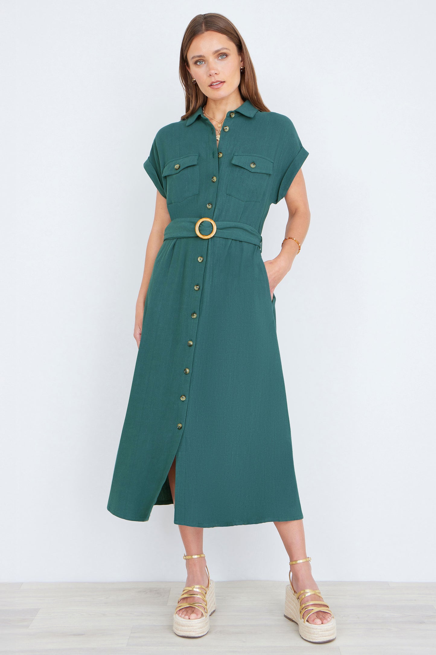 Yumi Green Viscose Linen Look Midi Shirt Dress With Wooden Belt Dress Casual Yumi