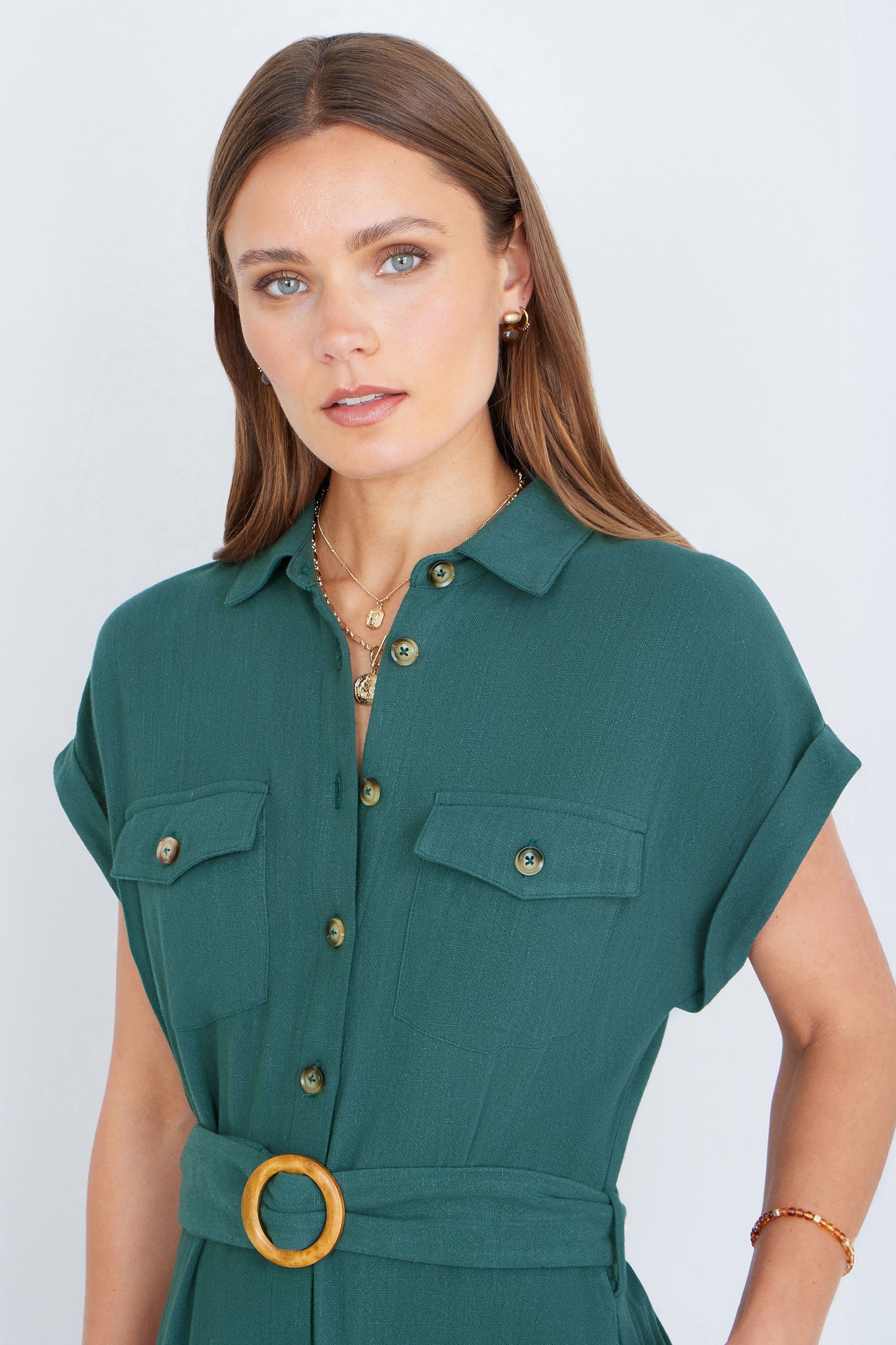 Yumi Green Viscose Linen Look Midi Shirt Dress With Wooden Belt Dress Casual Yumi