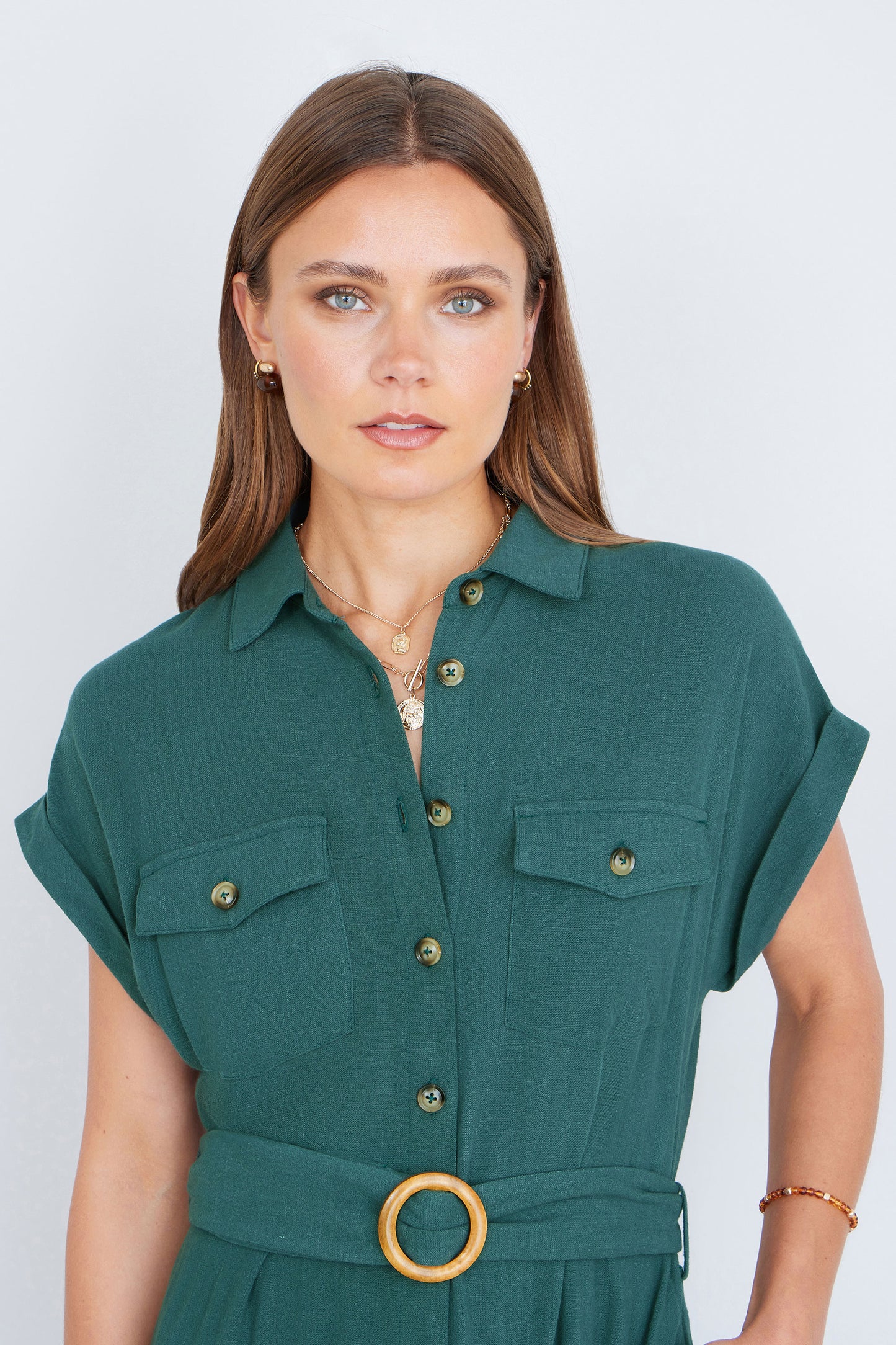 Yumi Green Viscose Linen Look Midi Shirt Dress With Wooden Belt Dress Casual Yumi