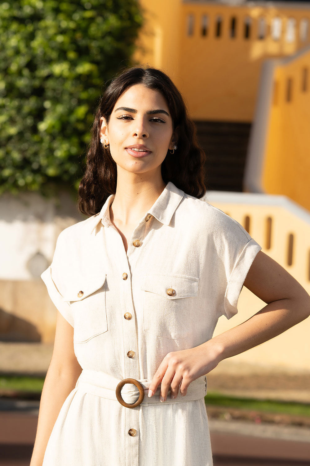 Yumi Stone Viscose Linen Look Midi Shirt Dress With Wooden Belt Yumi