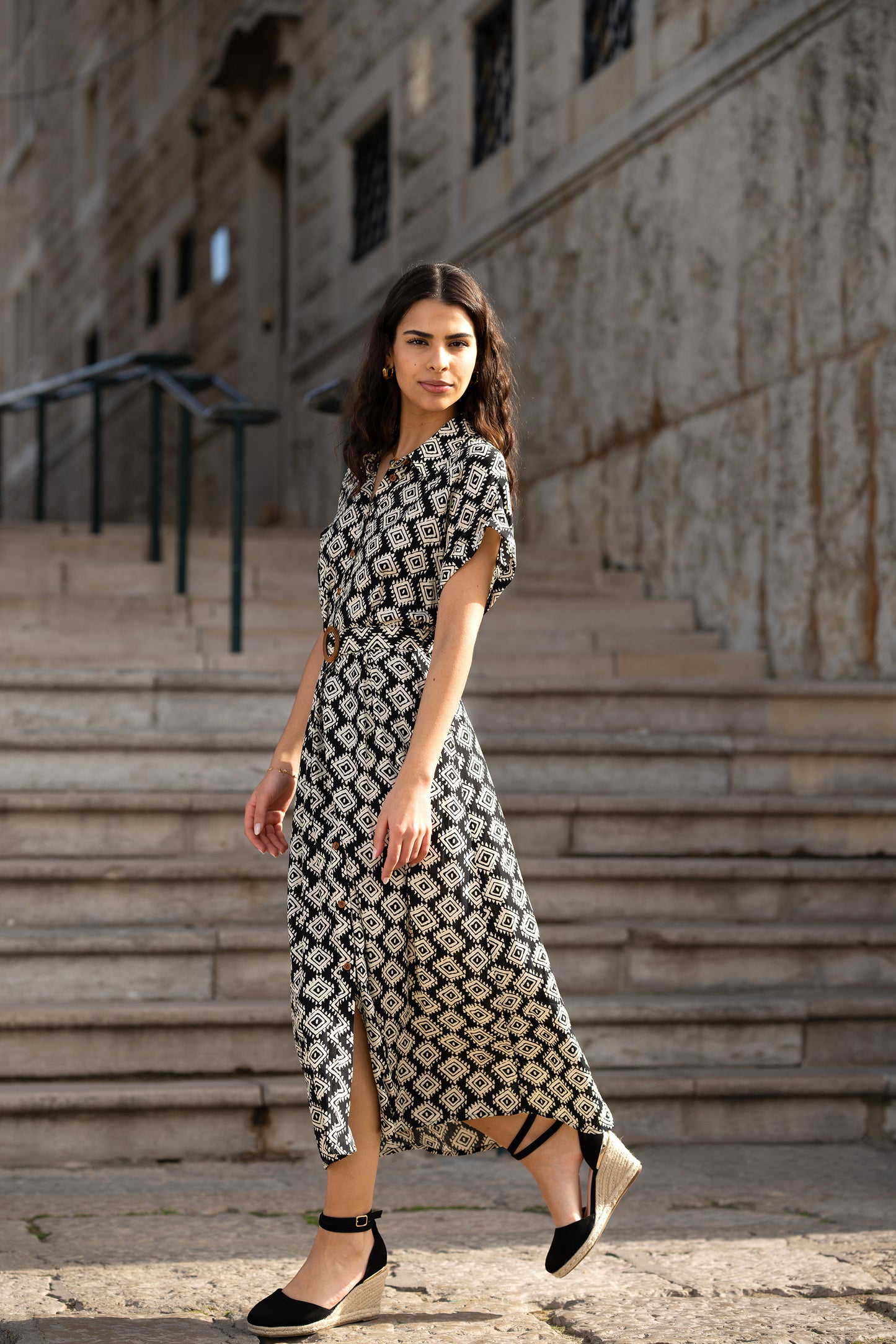 Yumi Black Viscose Midi Shirt Dress With Matching Belt Yumi