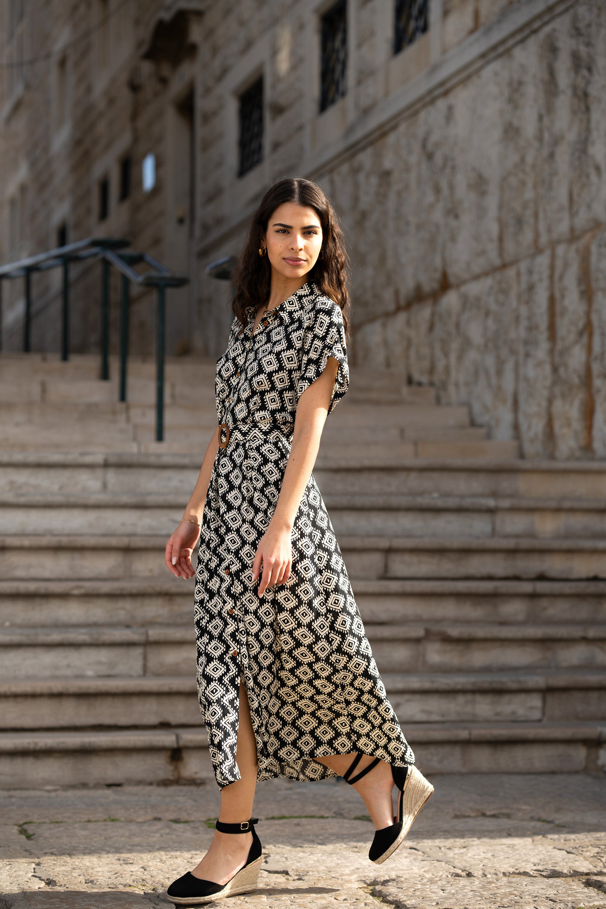 Yumi Black Viscose Midi Shirt Dress With Matching Belt Yumi