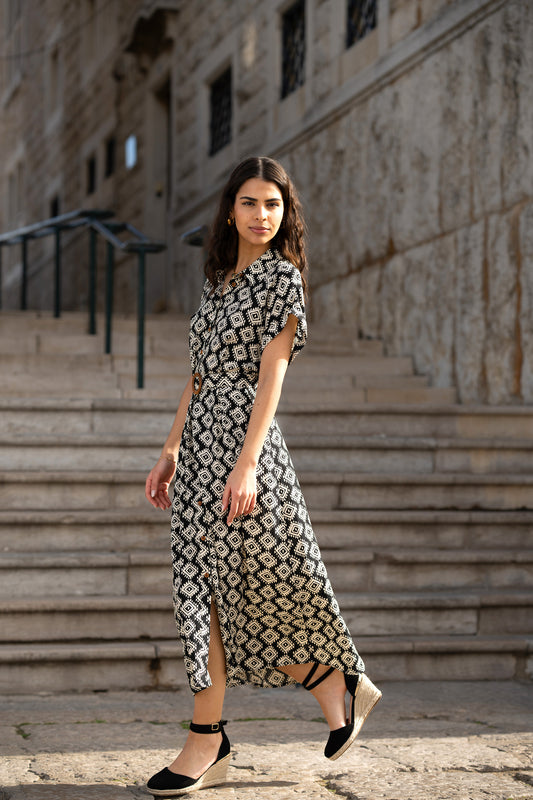 Yumi Black Viscose Midi Shirt Dress With Matching Belt Yumi