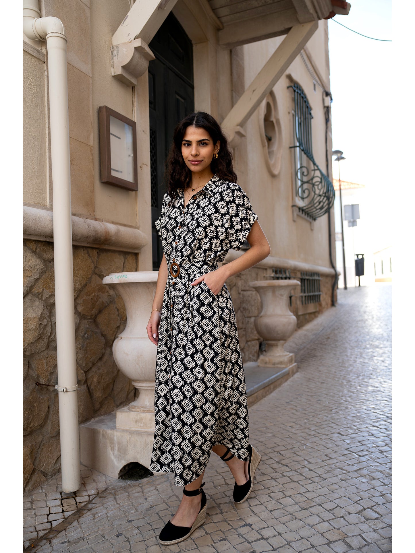 Yumi Black Viscose Midi Shirt Dress With Matching Belt Yumi