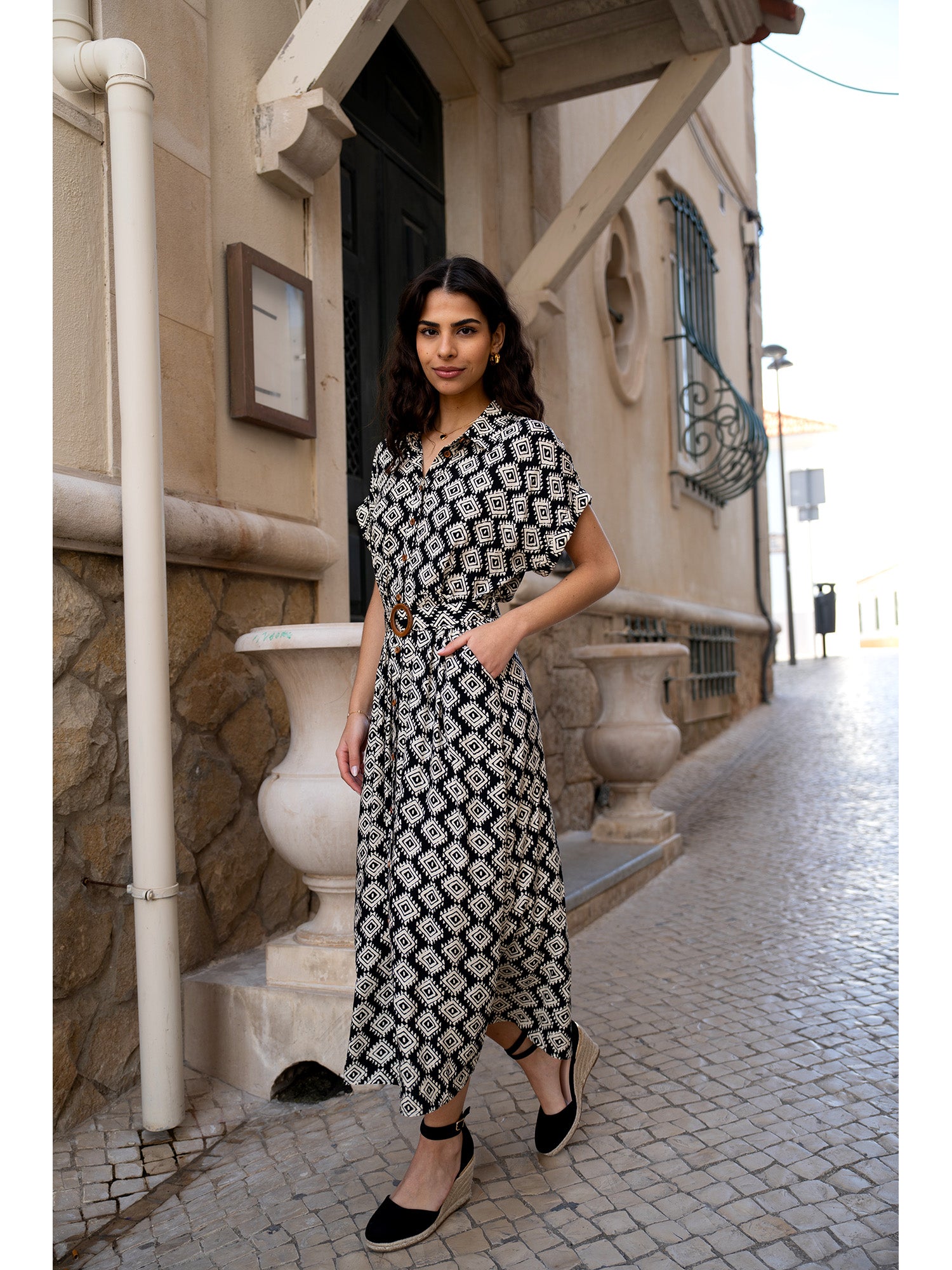 Yumi Black Viscose Midi Shirt Dress With Matching Belt Yumi