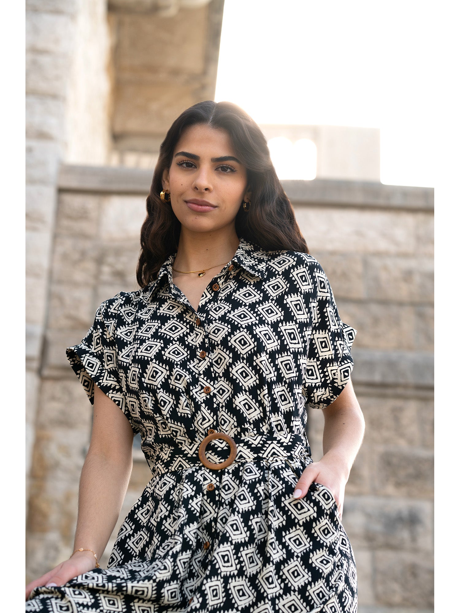 Yumi Black Viscose Midi Shirt Dress With Matching Belt Yumi