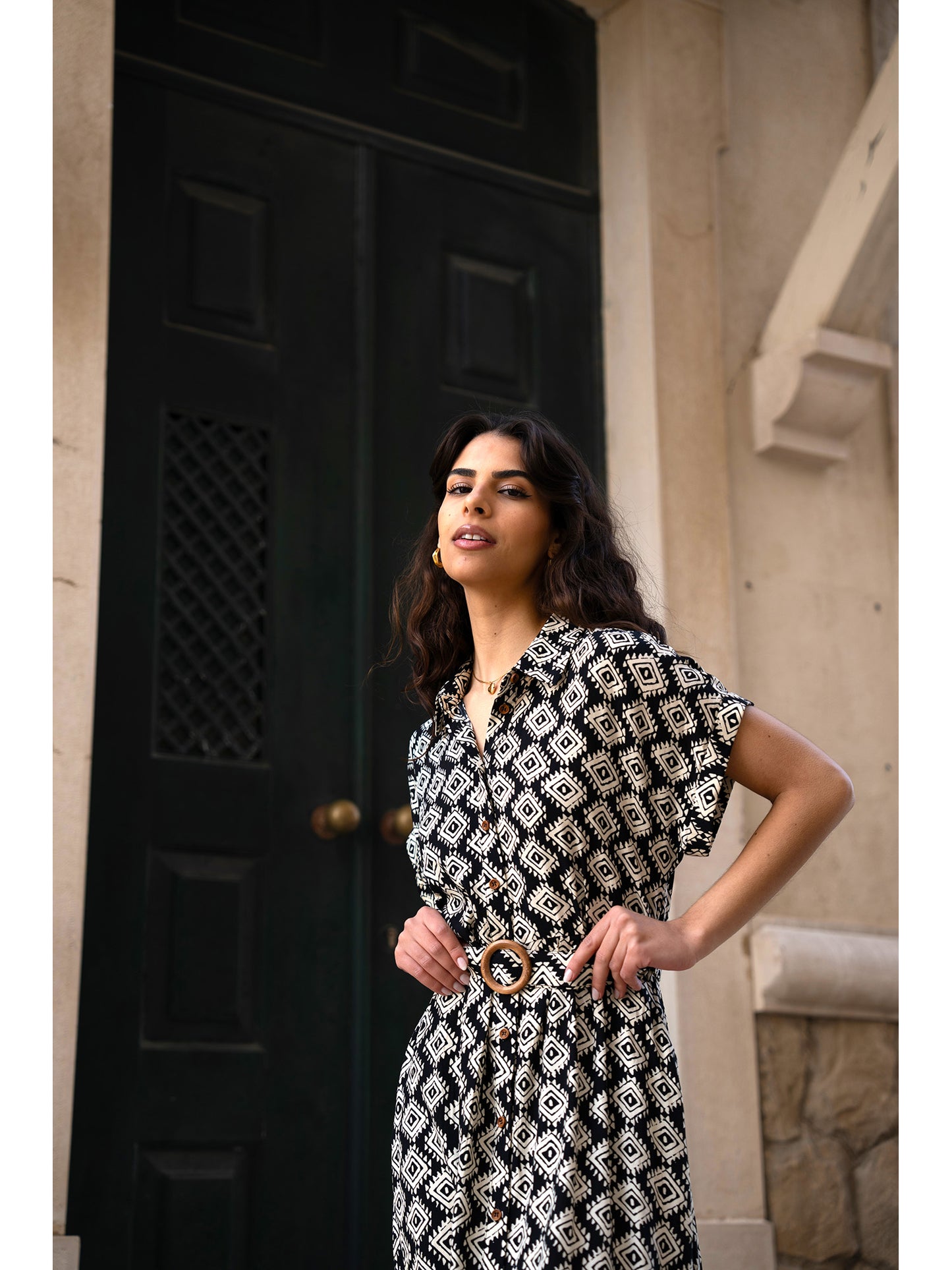 Yumi Black Viscose Midi Shirt Dress With Matching Belt Yumi