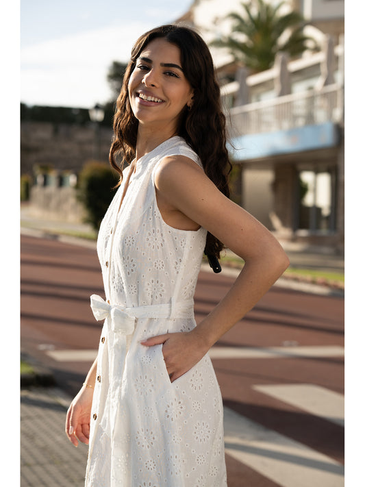 Yumi White Flower Broderie Anglaise Cotton Shirt Dress Yumi