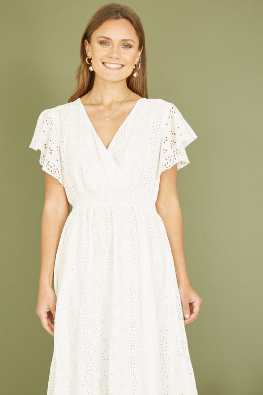 Yumi White Cotton Broderie Anglaise Wrap Midi Dress Yumi