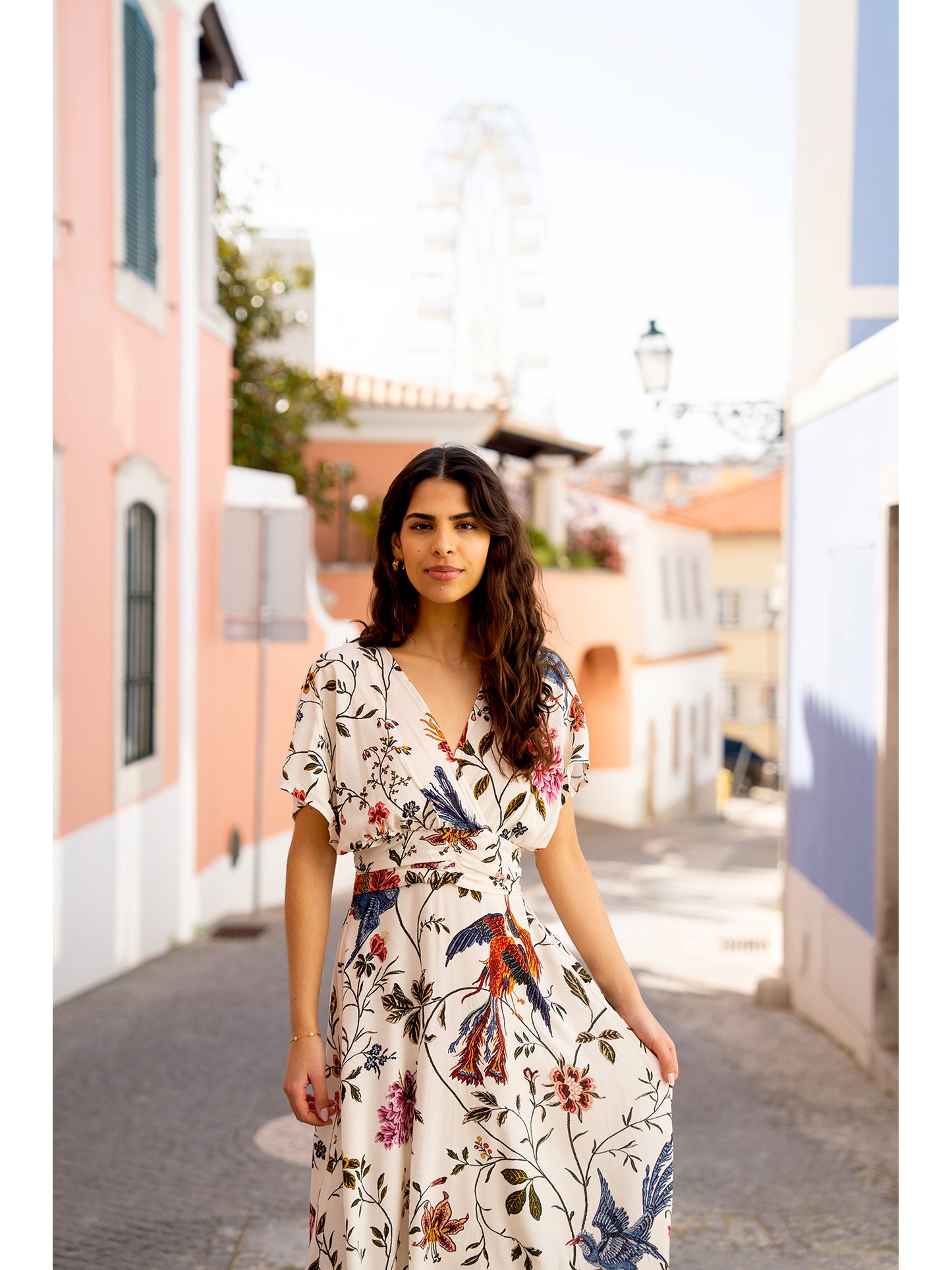 Yumi Ivory Bird and Floral Print Ruched Waist Kimono Midi Dress Yumi