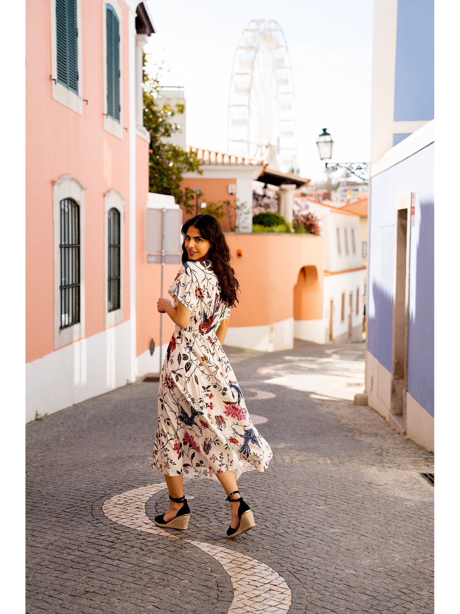Yumi Ivory Bird and Floral Print Ruched Waist Kimono Midi Dress Yumi