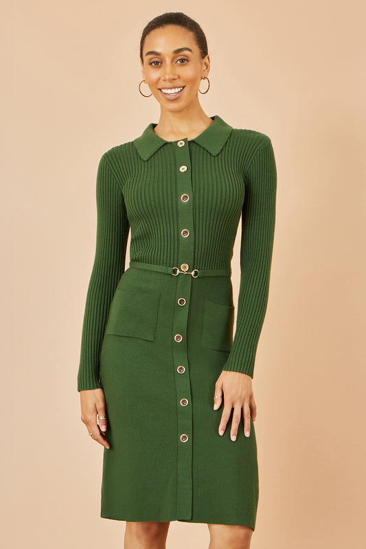 Yumi Green Rib Knit Midi Shirt Dress With Snaffle Belt Knit Dress Yumi