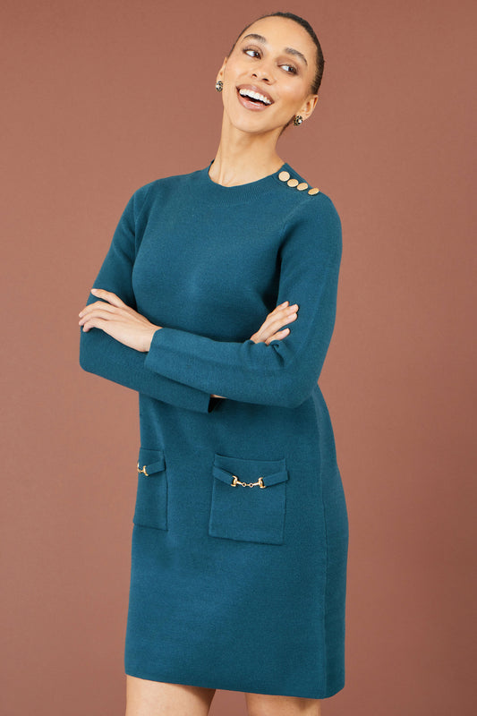 Yumi Teal Knitted Tunic Dress With Gold Hardware Details Knit Dress Yumi