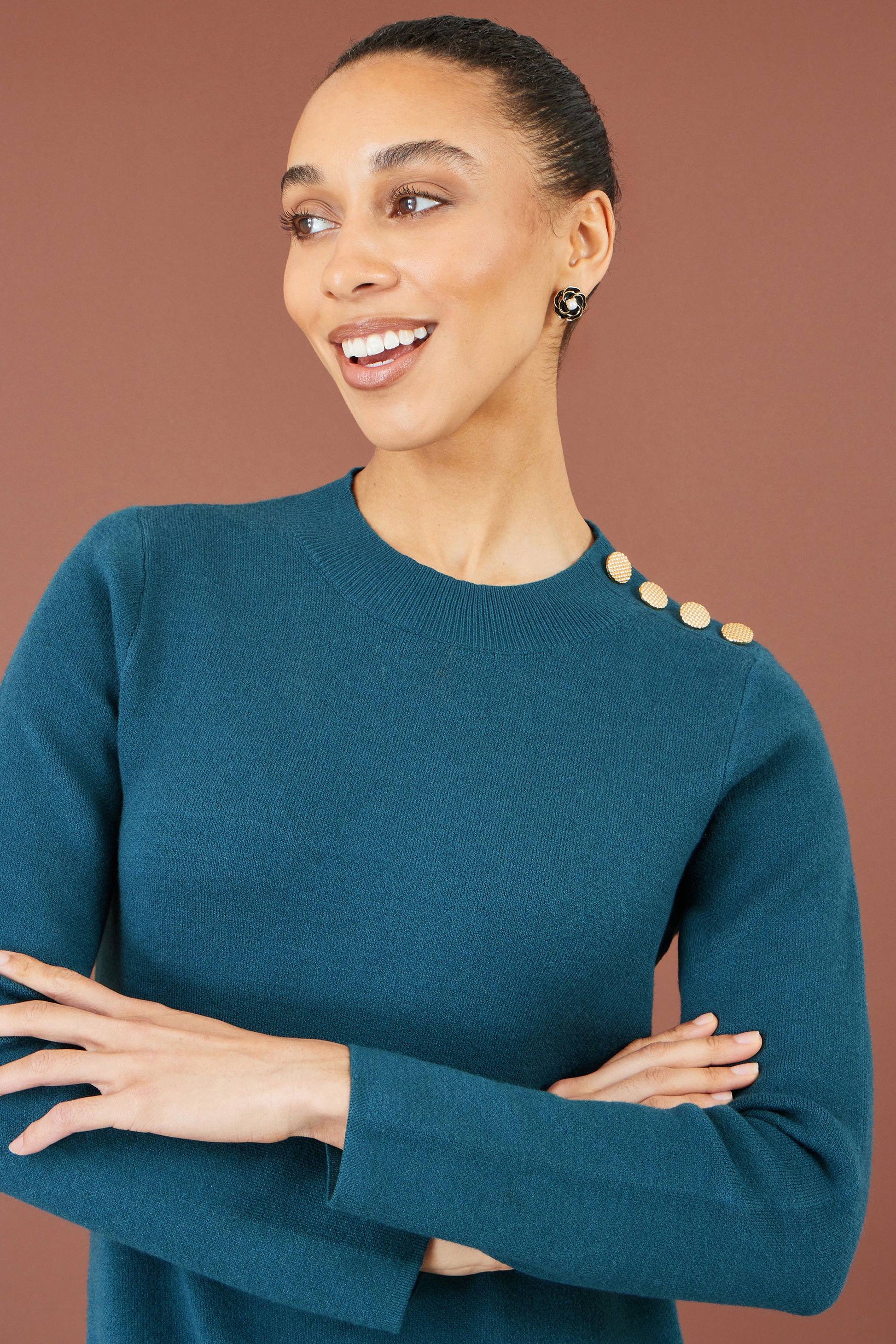 Yumi Teal Knitted Tunic Dress With Gold Hardware Details Knit Dress Yumi