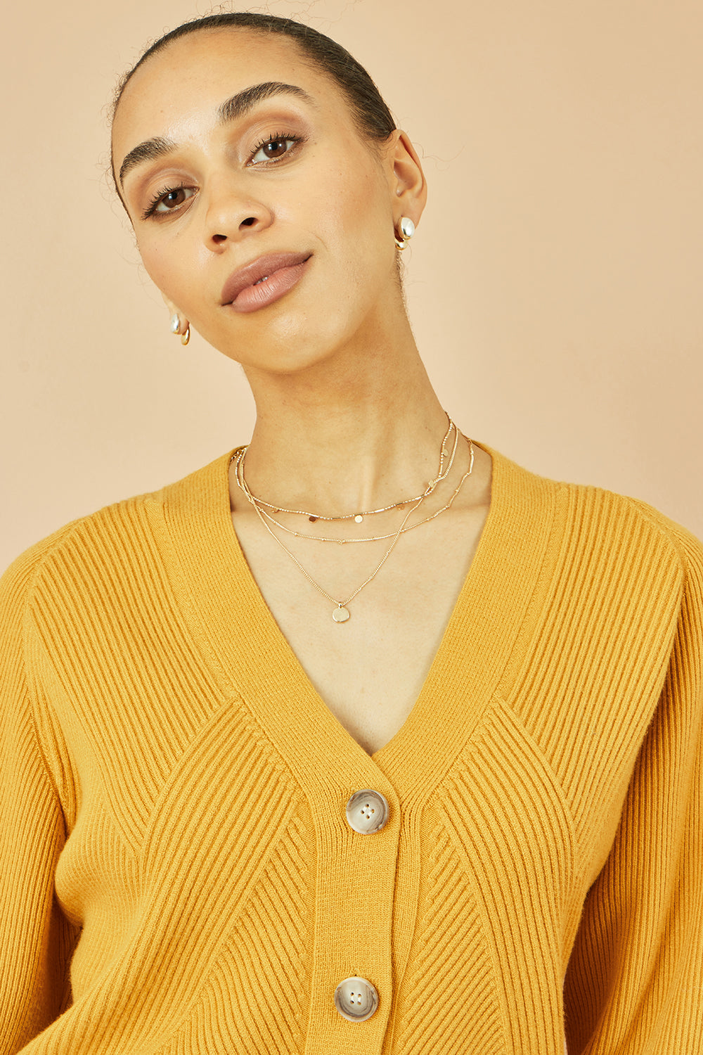Yumi Mustard Relaxed Fit Cardigan With Stitch Detail Knit Cardigan Yumi
