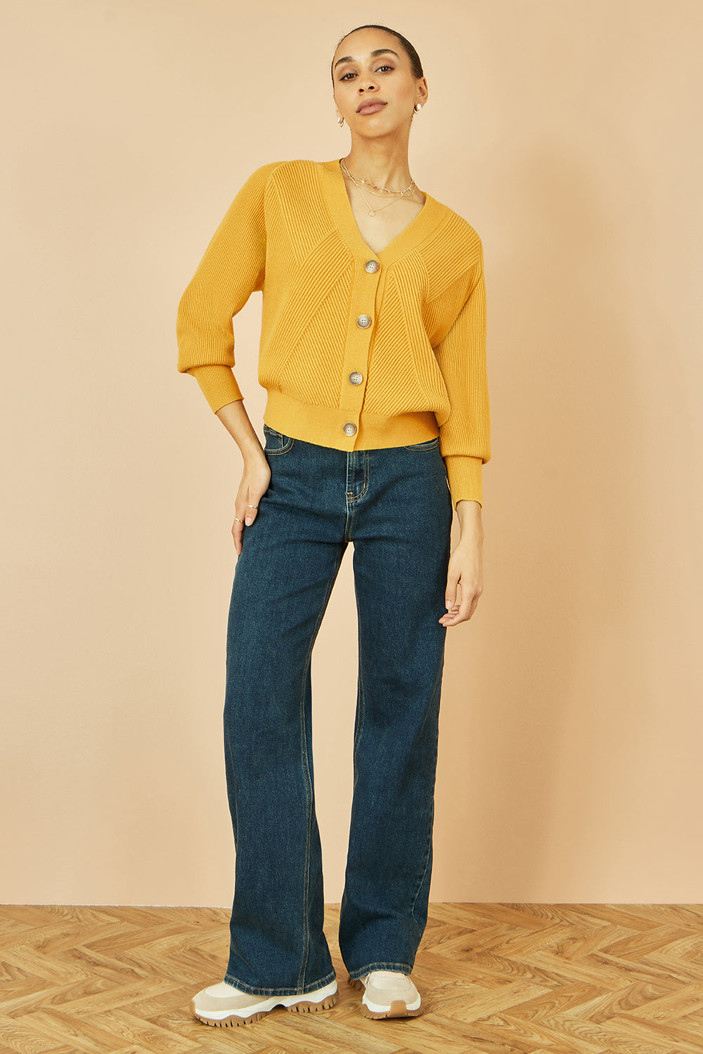 Yumi Mustard Relaxed Fit Cardigan With Stitch Detail Knit Cardigan Yumi