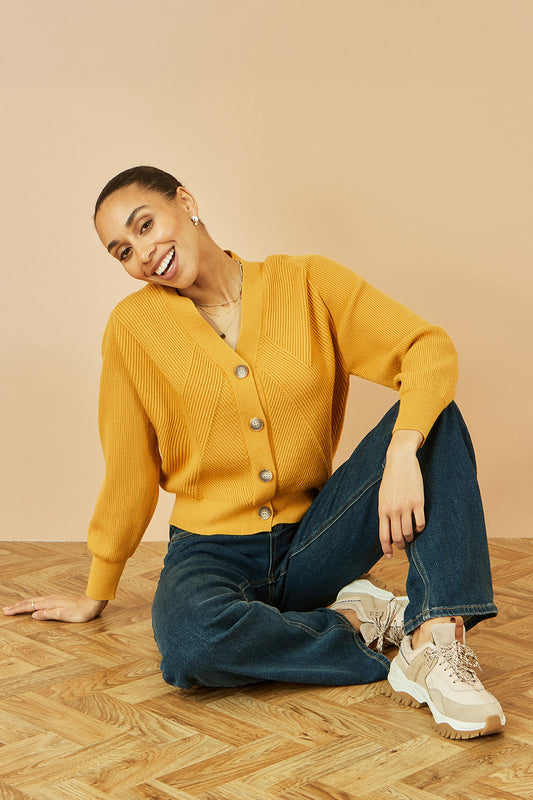 Yumi Mustard Relaxed Fit Cardigan With Stitch Detail Knit Cardigan Yumi