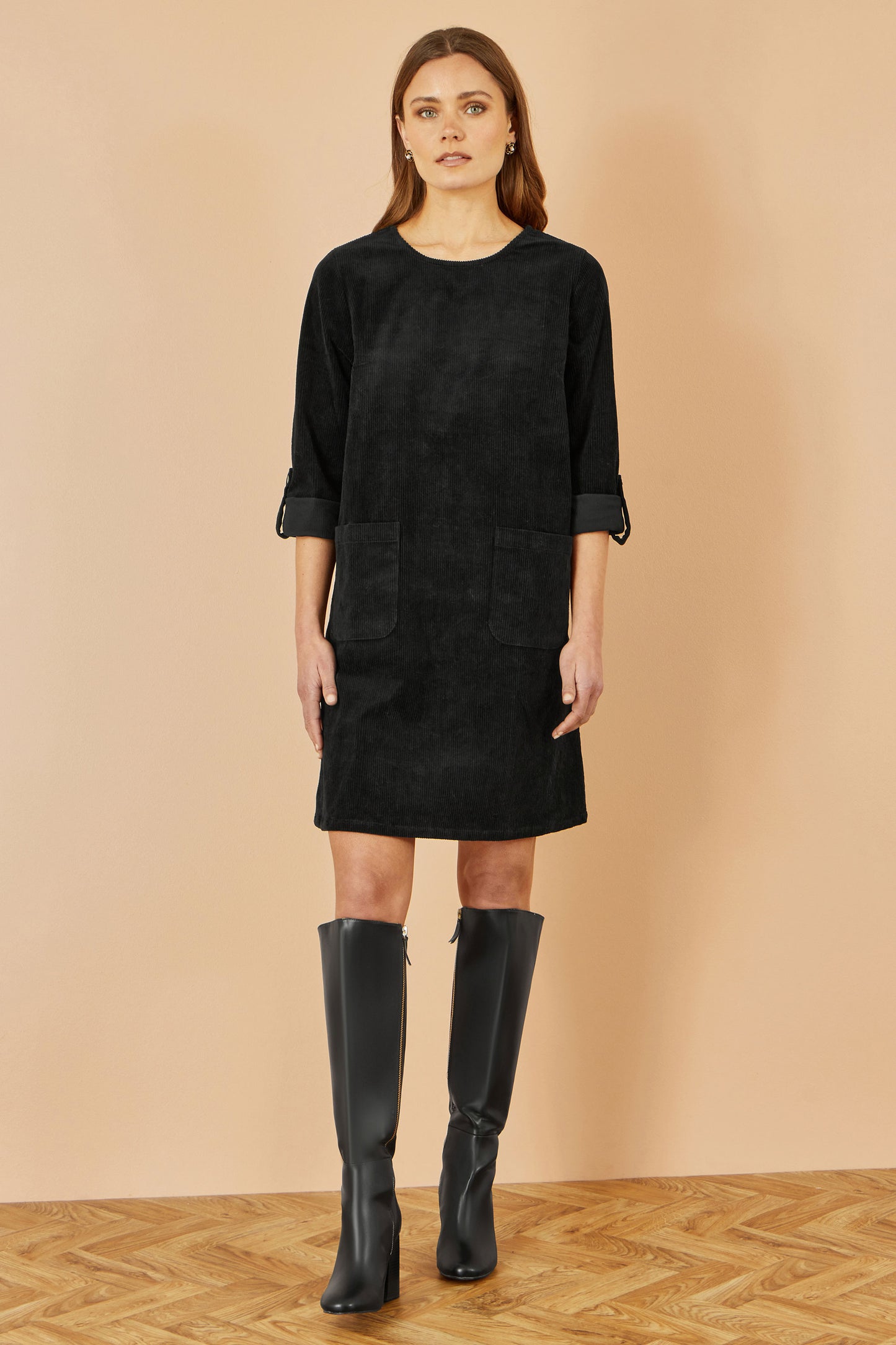Yumi Black Cord Tunic Dress With 3/4 Sleeves And Pockets Dress Casual Yumi