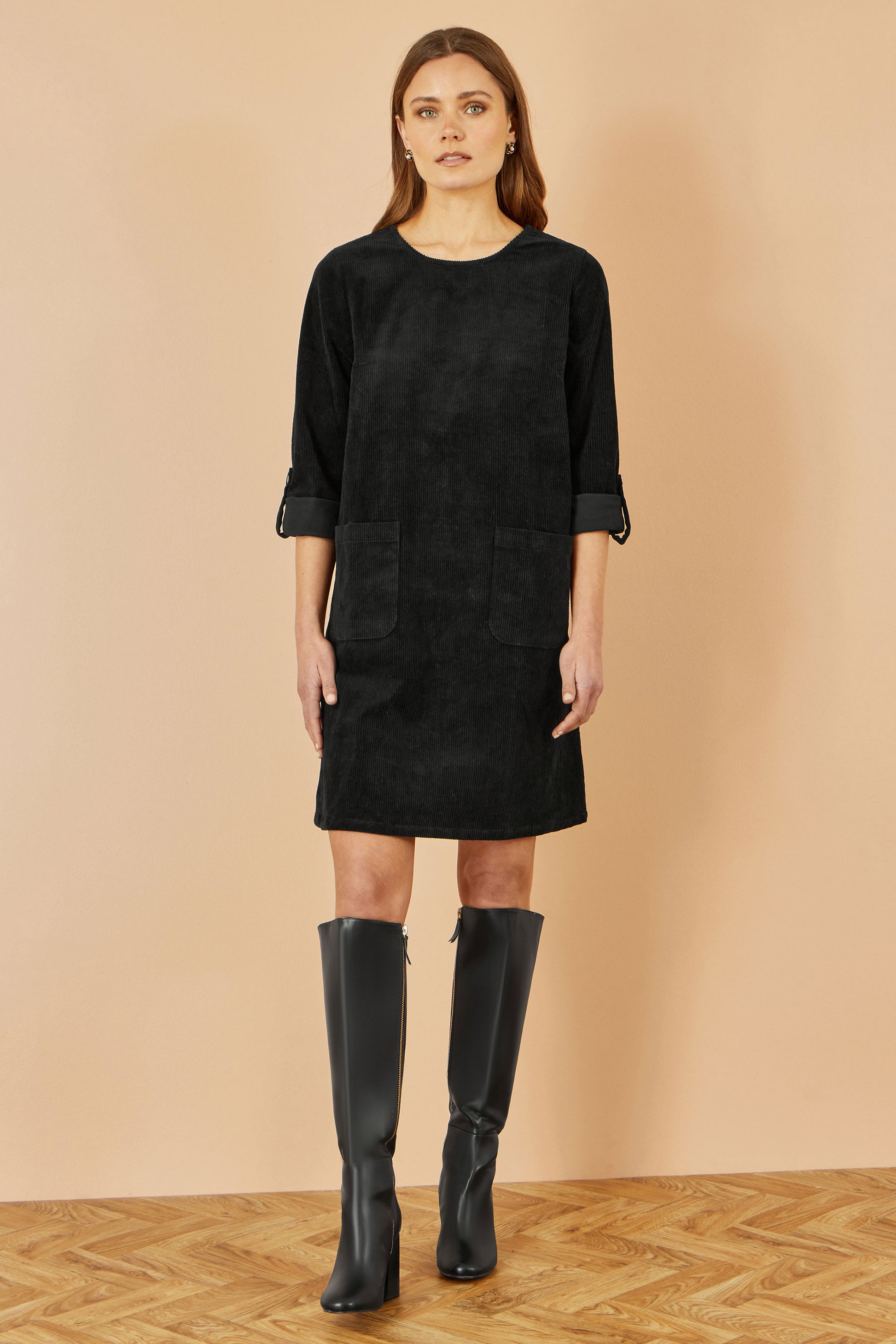 Yumi Black Cord Tunic Dress With 3/4 Sleeves And Pockets Dress Casual Yumi