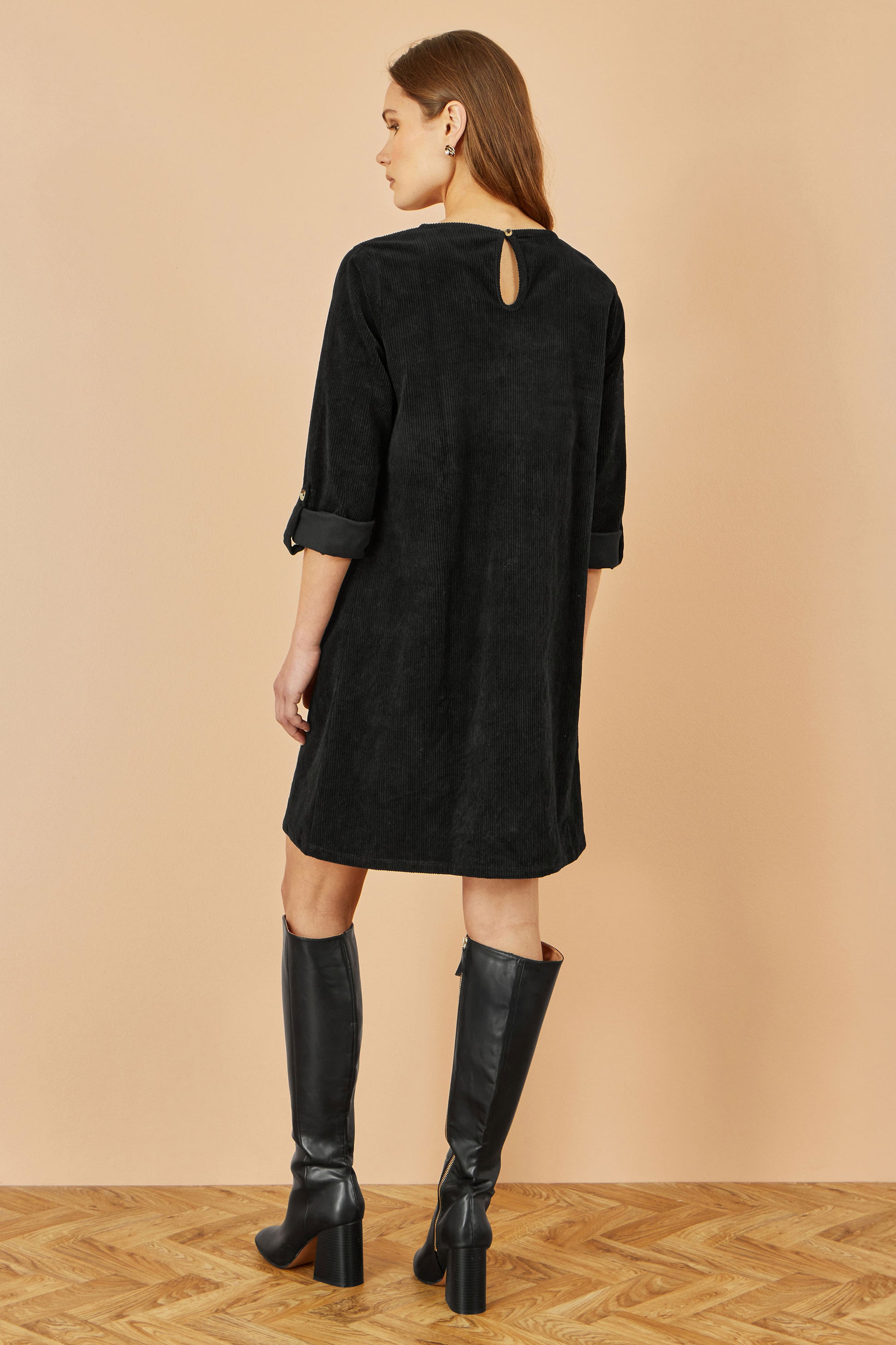Yumi Black Cord Tunic Dress With 3/4 Sleeves And Pockets Dress Casual Yumi